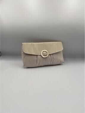 BVLGARI Beige Suede Clutch Gold Logo Minimalist Evening Bag